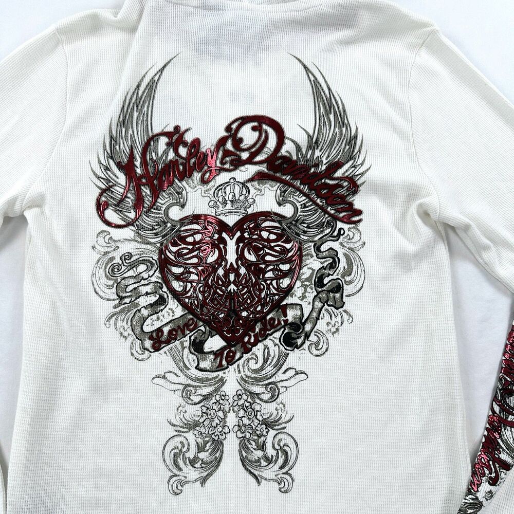 Harley Davidson Thermal Henley Hoodie Womens Medium Biker Y2K Tattoo Heart - Picture 5 of 13
